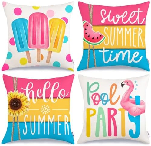 GEEORY Hello Summer Pillow Covers 18x18 Inch Set of 4, Popsicles Flamingo Swim Ring Pool Party Sweet Summer Time Farmhouse Decorative Throw Pillowcases for Home Sofa Couch Decoration G525-18 by GEEORY