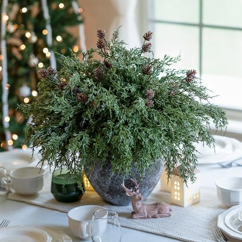 Faux Cedar Stems Artificial Norfolk Pine Branches for Christmas Decor, 12 PCS Fake Pine Stems with 2 PCS Pine Cones Branches Real Touch Realistic Faux Greenery for Vases DIY Garland Xmas Table Indoor - Image 3