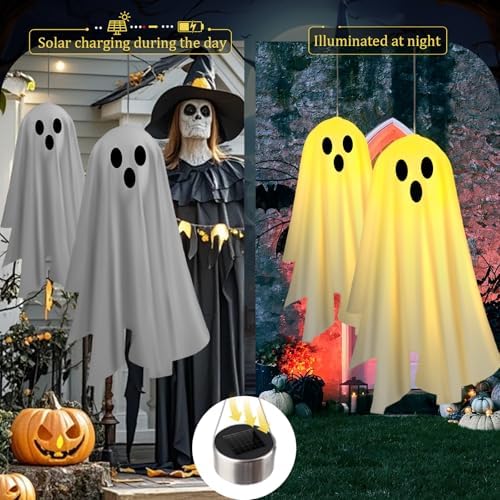 2PACKS Solar Hanging Ghost Lights for Halloween Decorations Outdoor,Light up Spooky Ghosts with Warm Yellow LED Lights,Halloween Floating Light for Yard,Porch,Creepy Party Decor - Image 7