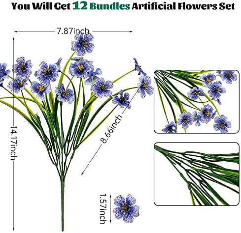 Lnoicy 12 Pcs Artificial Flowers for Outdoor,Plastic Flowers Decoration, UV Resistant Faux Flowers Shrubs, Artificial Plants for Indoor Outside Garden Home Wedding Farmhouse(Blue) - Image 2