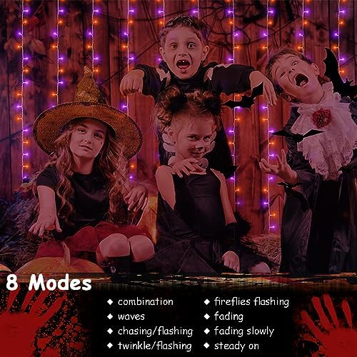echosari Halloween Curtain Lights Battery Operated 300 LED Purple Orange - Image 2