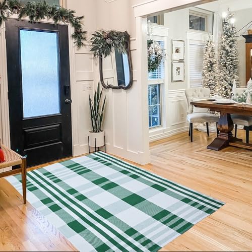 Christmas Plaid Outdoor Rug, 4' x 6' Green&White Checkered Indoor/Outdoor Area Rug, Layering Rug for Hello/Welcome Door Mat, Machine Washable Cotton Woven Rug for Farmhouse Front Porch, Entryway - Image 6