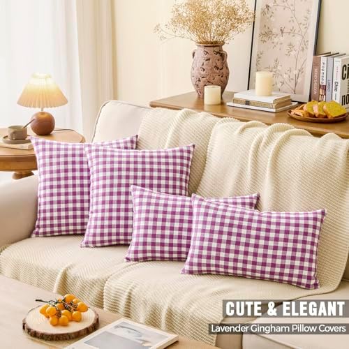 Outdoor Lavender Gingham Plaid Decorative Lumbar Pillow Cover 12x20(Purple) - Image 4