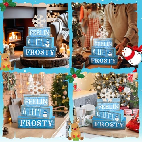 Yuntau 4 Pcs Winter Tiered Tray Decor Christmas Snowflake Wooden Block Sign - Image 5