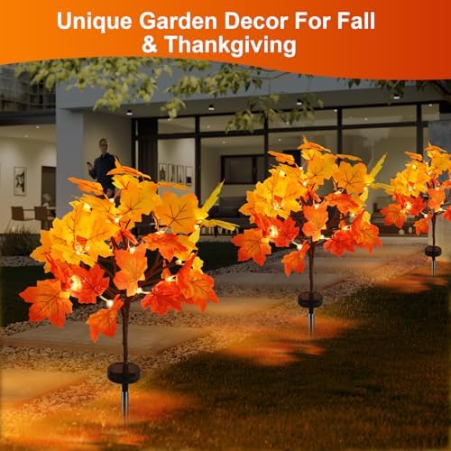 2Pack Fall Solar Lights Outdoor Decorative, Waterproof 40Led Orange Fall Lights with 80 Maple Leaves Path Lights, Solar Lights for Fall Autumn Patio Garden Halloween Thanksgiving Decorations - Image 5