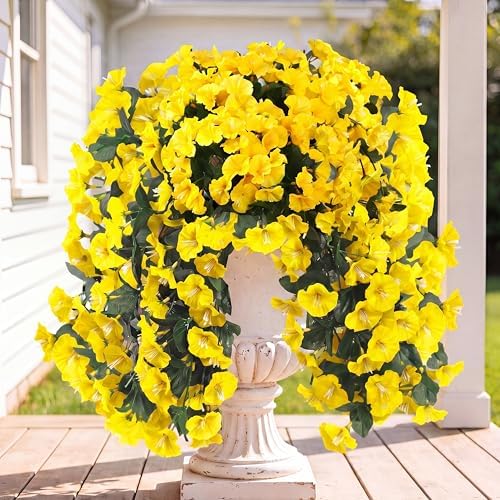 Sggvecsy Artificial Fake Hanging Flowers Plants for Outdoor Outside Spring Summer Decoration 4PCS Faux Silk UV Resistant Realistic Morning Glory Trailing Vines for Home Porch Patio Balcony(Yellow) by Sggvecsy