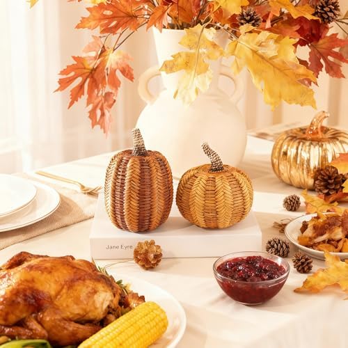 Valery Madelyn Thanksgiving Fall Decorations for Home, Fall Pumpkin Decor, 2pcs Resin Pumpkin Decorations Indoor, Pumpkins for Decorating, Autumn Table Decor, 5 inch - Image 2