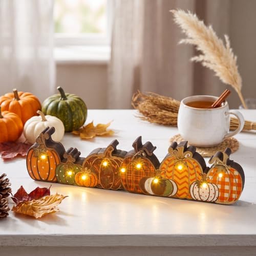 Yousoontic Fall Table Decorations, Light up Pumpkin Table Centerpieces Retro Wooden Sign Decor with LED Lights 3D Block Pumpkin Decor for Autumn Thanksgiving Harvest Farmhouse Home Mantel Desk Party - Image 2