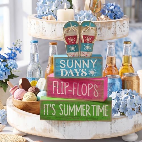 Lineshading 4 Pcs Flip Flop Beach Summer Wooden Block Signs Table Decor - Image 3