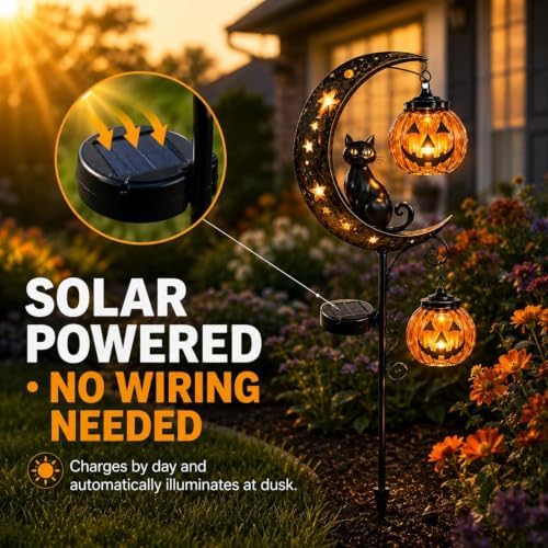 Solar Halloween Black Cat & Pumpkin Moon Garden Stake Light, Outdoor Waterproof LED Yard Decoration with Crescent Moon, Hanging Jack-o'-Lantern Lantern for Patio Lawn Path Yard (D #) - Image 5