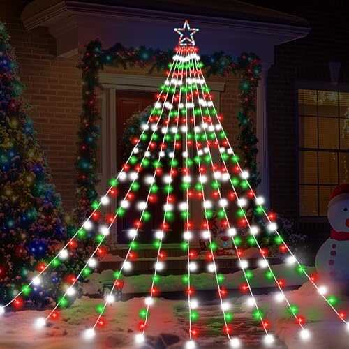 Christmas Decoration Lights, Outdoor Christmas String Lights 320 LED 11.5 Ft Waterfall Tree Light with Big Star Topper 8 Light Modes for Xmas New Year Holiday Garden Yard Indoor Outdoor Decor by cerflyer