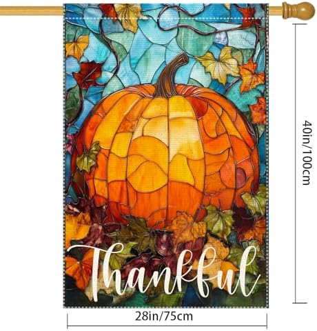 Thankful Thanksgiving Garden Flag, Fall Garden Flags for Outdoor Decor 28x40 Inch Autumn Stained Glass Pumpkin Maple Leaf Double Sided Small Burlap Outside Porch Lawn Yard Decorative Flags - Image 3