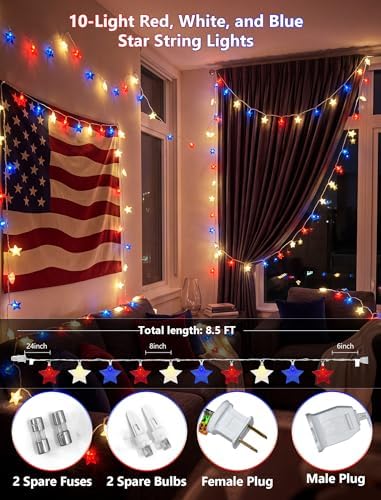 8.5Ft Red White and Blue Star Lights, 4th of July String Lights Plug in - Image 2