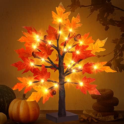 1.5FT Lighted Fall Maple Tree - Thanksgiving Tabletop Lamp Decor with 36 LED Lights, Maple Leaves, 6 Acorns, 6-Hours Timer Function, Battery Operated Fall Artificial Tree for Indoor Home Bedroom by Remon