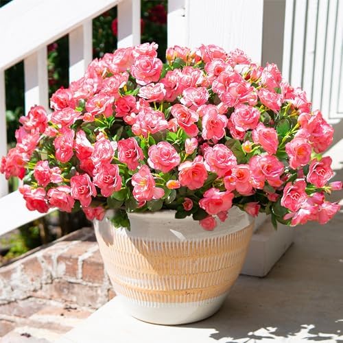 HyeFlora Artificial Faux Outdoor Flowers Plants for Spring Summer Decoration, Fake Silk Camellia UV Resistant Look Real for Planter Outside Front Door Porch Patio Balcony, 3 Large Bundles by HyeFloraartificialflowers