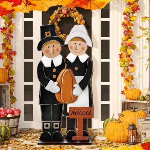 40 H Thanksgiving Wooden Porch Sign, Pilgrim Couple Porch Decor - Image 6