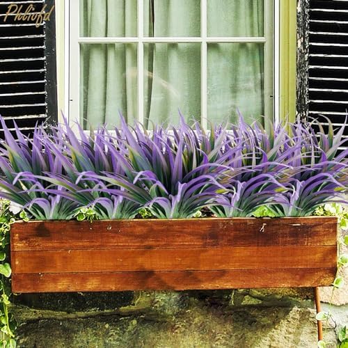 6Pcs Artificial Grass Fake Plants 17.3in Outdoor Plants UV Resistant Faux Greenery Stems Fake Grass for Home Window Garden Office Patio Pathway Front Porch Halloween Décor Green & Purple - Image 3