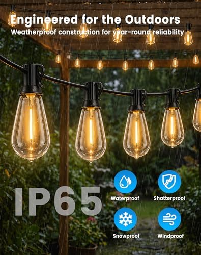 60FT(50+10) Outdoor String Lights, 2FT Spacing 25 LED Edison Bulbs, Waterproof, Shatterproof, Dimmable, Warm White, 3 Modes, Timer, Plug in Hanging Backyard Lights for Outside, Patio - Image 6