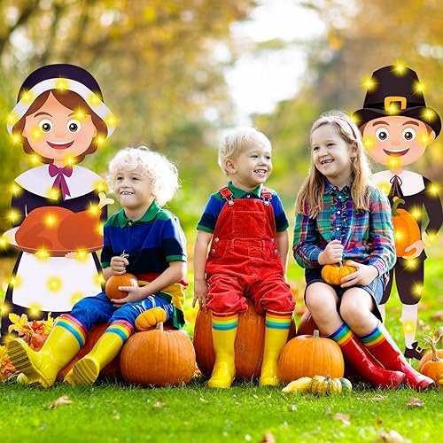 Soaoo 2 Pack Thanksgiving Pilgrim Couple Yard Signs with LED String Light Outdoor Fall Yard Decorations with Stakes Pumpkin Thanksgiving Lawn Garden Sign for Harvest Party Decorations, 32 x 12 Inch - Image 4