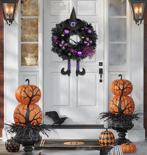 Halloween Wreath for Front Door 26" Tinsel Black Witch Wreath with Hat Legs and Purple Pumpkin for Fall Autumn Indoor Window Door Thanksgiving Halloween Decorations - Image 4