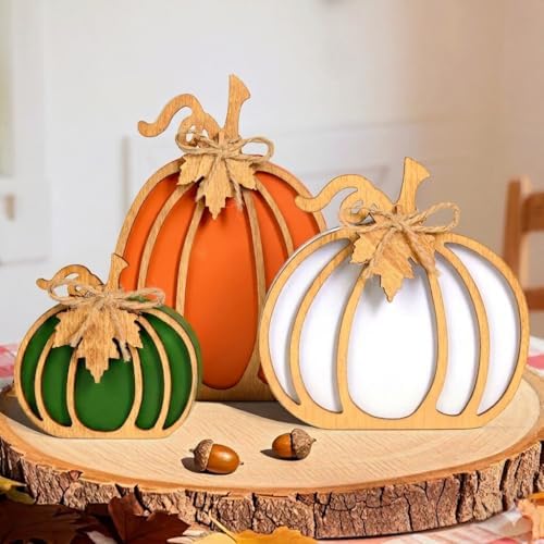 OLANRUN Fall Decorations for Home, 3-Piece Farmhouse Wooden Pumpkin Fall Decor, Handmade Crafts, Autumn Thanksgiving Decorations for Table, Tiered Tray, Mantel, Shelf, Office (4-8 Inch) by OLANRUN