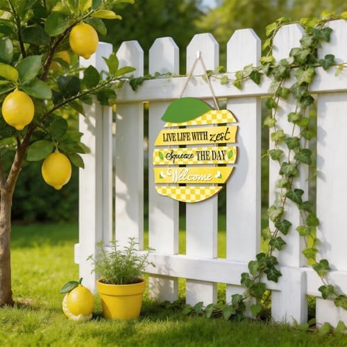 HOURIA Summer Lemon Welcome Front Door Sign Hanging(11.4"x11.5"), Checkered Lemon Wreath Rustic Wooden Wall Decor,Funny Welcome Decorations for Classroom Porch Home Kitchen,Housewarming Gift - Image 4