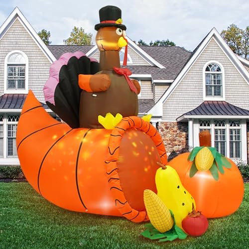 Inflatable Turkey Yard Decorations Thanksgiving Inflatables, 7FT Long Giant Blow up Turkey on Cornucopia with Built-in LED Rotating Lights, for Fall Lawn Party Holiday Decorations Outdoor by Ozyalo