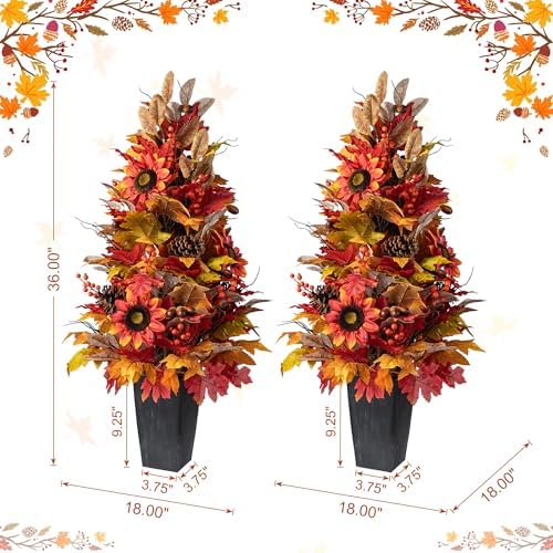 Glitzhome 2 PCS 36”H Fall Porch Tree, Harvest Artificial Porch Tree with Sunflower, Pinecone and Berry Porch & Black Planter, for Autumn Fall Harvest Thanksgiving Christmas Decoration - Image 4