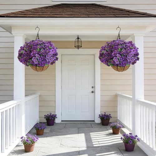 Artificial Hanging Flower Plants with Pot Planter, 12 Bundles Fake Flowers Uv Resistant Artificial Outdoor Flowers for Spring Summer Yard Porch Patio Garden and Home Decoration - Purple - Image 5
