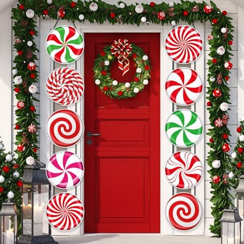 Yaomiao 2 Sets Christmas Candy Porch Sign Xmas Colorful Peppermint Candy Door Banner Home Hanging Decor Outdoor Indoor Banner Wall Hanging for Christmas Party Supplies by Yaomiao
