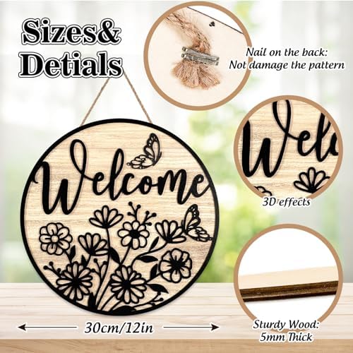 JarThenaAMCS 3D Black Flower Welcome Door Sign Spring Wild Floral Wooden Hanging Sign Rustic Round Door Hanger for Indoor Outdoor Farmhouse Home Porch Window Wall Decor, 12 Inch - Image 2
