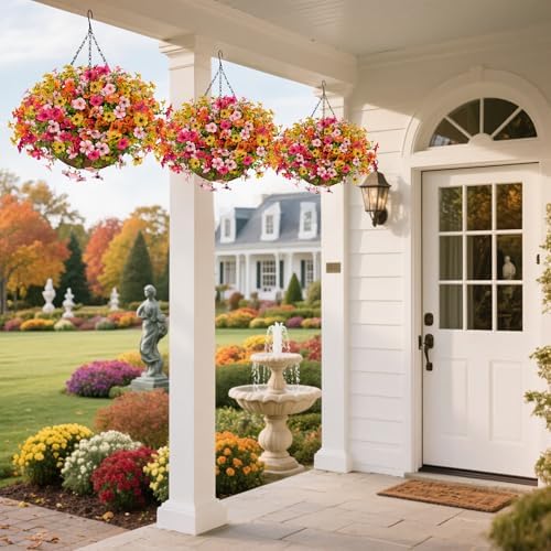 Artificial Flowers with Hanging Baskets Outdoors for Decoration Summer Fall Faux Daisy for Outdoor planters Fake Artificial Hanging Plants UV Resistant for Porch Home Patio Decor (Honey Gold) - Image 6