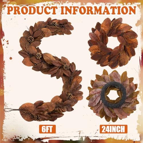 Yunlly Fall Magnolia Leaf Garland and Wreath Set, Brown Color, 2 Pcs - Image 3