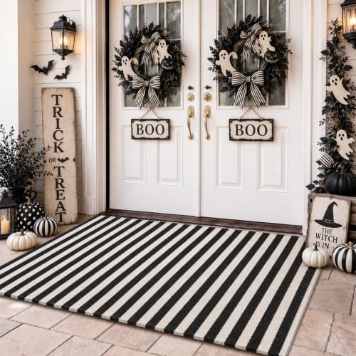 Moucuny Halloween Black and White Vertical Stripe Outdoor Rug 3' X 5' - Image 2