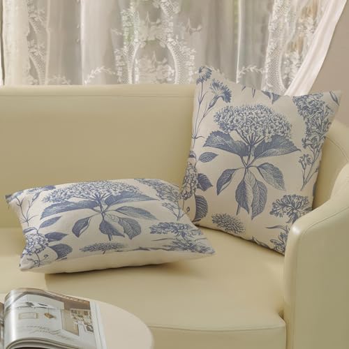 Vintage Blue Pillow Covers 18x18 Inch 2 Pcs Boho Floral Decor Throw Pillows Hydrangea Flower Seasonal Outdoor Farmhouse Neutral Accent Decoration Pillowcase Linen Cushion Cover for Couch - Image 4