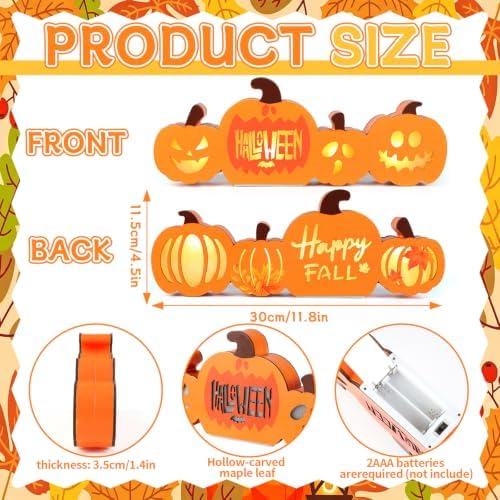 Fangoo Fall Wooden Pumpkin Table Night Light Halloween Decorations Double Side Fall Pumpkin Tabletop Centerpiece Decor for Harvest Thanksgiving Tiered Tray Mantle Desk Holiday Party Decorations - Image 2