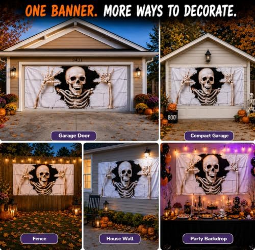 6 x 13 ft Halloween Garage Door Decorations Halloween decorations Witch Door Cover, Hanging Banner, Cauldron Backdrop Mural for Home, Outdoor, Indoor, Spooky Party, Wall, Window (Skull-2, 71x157 inch) - Image 4