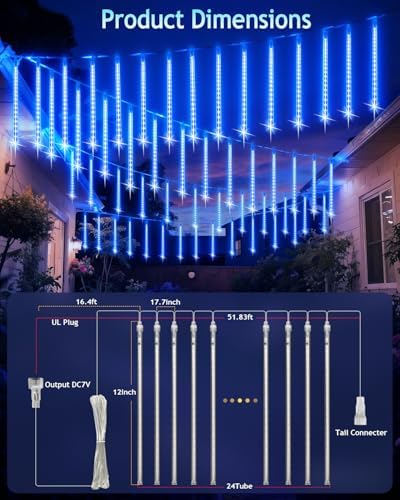PEMOTech Christmas Lights Outdoor,24 Tubes 30cm 576 Led Meteor Shower Lights, Waterproof Christmas Decorations Icicle Light for Xmas Tree Halloween Party, Outdoor Christmas Decorations,Ul Plug,Blue - Image 5