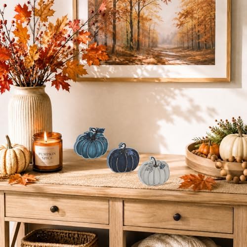 Smile Fall Wooden Decor Set 3-Piece Blue Tone Pumpkin Tabletop Signs for Autumn Harvest Home Decor - Image 6