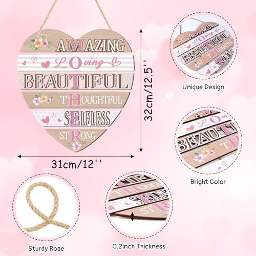 HOURIA Inspirational Mothers Day Decorations (12.2”x11), Heart-Shaped Amazing Mother's Day Wooden Sign for Front Door Wreath Home, Mom Birthday Gifts from Daughter Son - Image 2