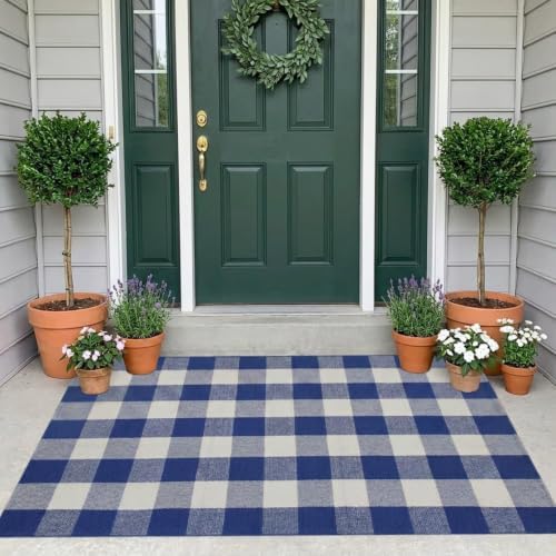 MUBIN Cotton Buffalo Plaid Rug, 3' x 5' Blue White Outdoor Rug Front Door Decorative Mat, Washable Doormat Hand-Woven Foldable Area Rug Layered Door Mats Rug for Front Porch, Entryway, Patio by MUBIN