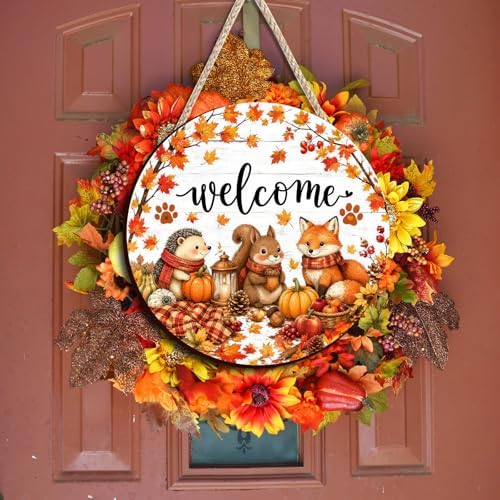 Leopard Pumpkin Fall Decor Sign for Front Door, Fall in Love Wooden Door Hanger, Rustic Farmhouse Autumn Pumpkin Wall Decor, Thanksgiving Halloween Porch Decorations for Home (Squirrel) by COLORVALLEYART