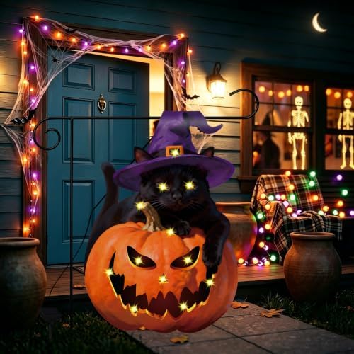 12 x 18 Inches Lighted Halloween Black Cat Pumpkin Garden Flag Decorations - Solar Powered Vertical Yard Flag with LED Lights, Witch Cat Jack O Lantern Printed Outdoor Porch Lawn Halloween Decor - Image 6