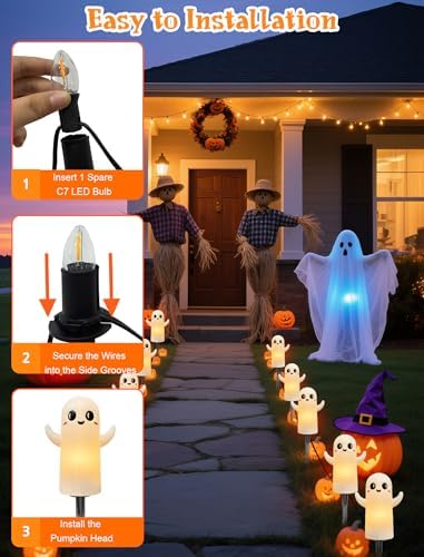 Oviejo 4 Pack Halloween Ghost Pathway Lights, 7FT LED Stake Lights Plug in - Image 6