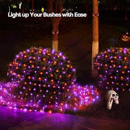 WBao Solar Halloween Lights Outdoor 200LED F8 Big Bulbs, 8.4ft x 5.2ft Orange Purple Net Lights with Remote, 8 Modes, Timer, Connectable, Waterproof & Dark Green Wire for Lawn, Bushes Halloween Decor - Image 7