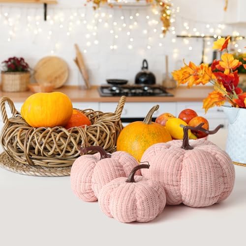 3 Sizes Fall Decor Pumpkins,Oversized Cotton Filled Fabric Pumpkin Decor,Farmhouse Decoration,Thanksgiving Decorations,Diameter 8"/6.3"/5.1" Pumpkins for Decorating (3pcs Pink) - Image 5
