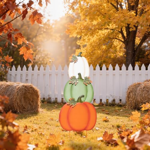 Glitzhome 36"H Fall Pumpkin Yard Stake Set of 3, Fall Decorations for Outdoor, Metal Stacked Pumpkins Yard Sign Decor for Garden, Lawn, Porch, Autumn Harvest Halloween Thanksgiving Pumpkin Decoration - Image 5