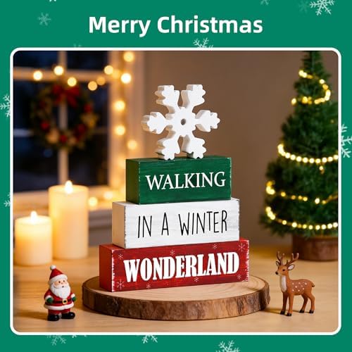 4 Pcs Christmas Wooden Tiered Tray Decor, Snowflake Decorations Gifts for Home, Winter Table Centerpiece for Xmas Party Kitchen Office - Image 3