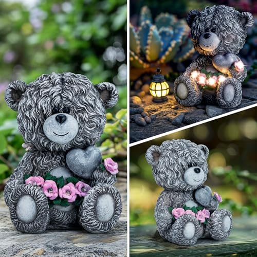 YDKOJGW Solar Garden Outdoor Statues Bear with Heart and Pink Flower and 5 LED Lights-Lawn Decor Bear Statue for Patio, Balcony, Yard Ornament-Unique Housewarming Gifts for Mom, Women - Image 4
