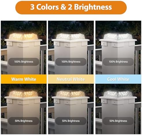 APONUO Solar Post Cap Lights, 3 Color Modes & 2 Brightness, Adjustable Base Fits 4x4 5x5 6x6 Posts (3.5-5.5 Inch), IP65 Waterproof, Deck & Fence Post Lights Solar Powered with Screws, White, 4 Pack - Image 3